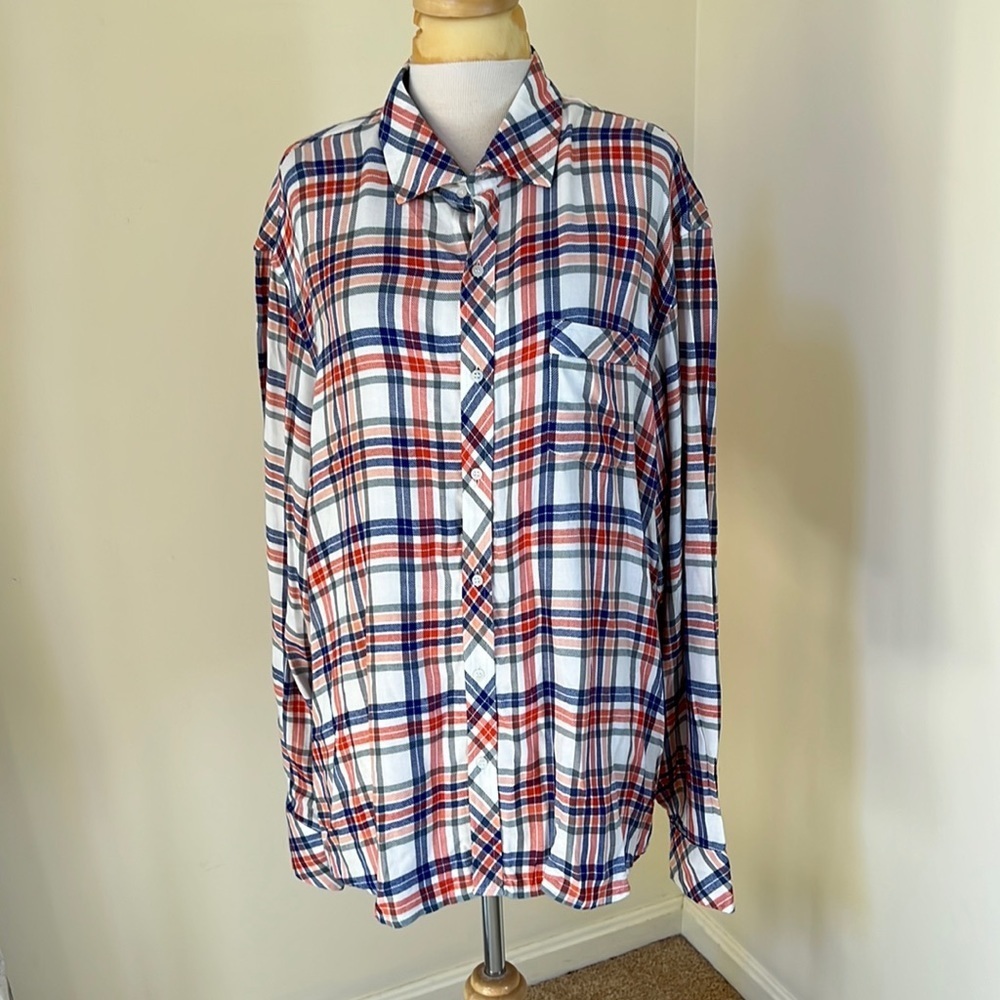 New! Saks Fifth Avenue XXL plaid ivory multi front full button down shirt.